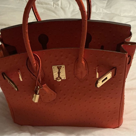 Elegant Orange Embossed Ostrich Leather Satchel Bag Size 30 NWOT - Picture 2 of 7